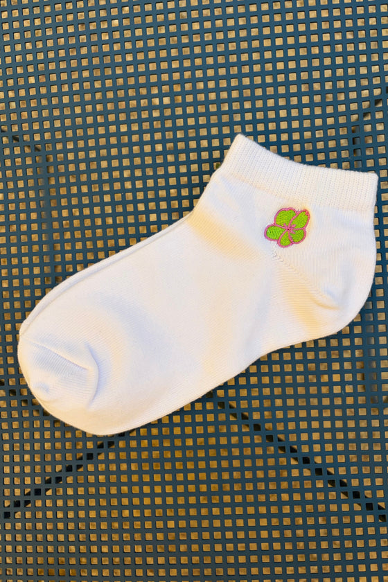 OC White Ankle Socks - Green Flower